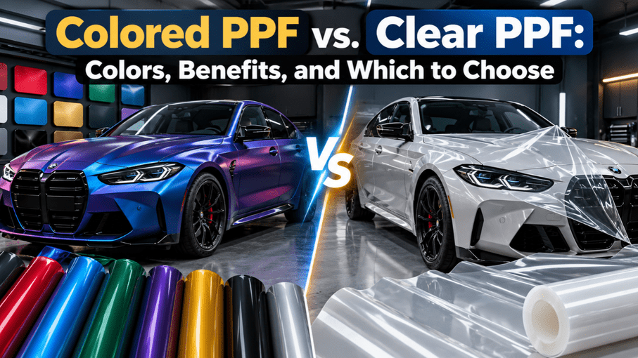 Colored and clear PPF compared on two luxury cars with colorful film rolls and transparent protective film.