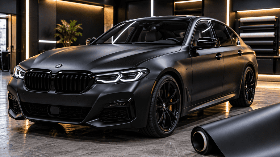 Matte black luxury sedan with a smooth wrap finish in a premium car detailing studio.